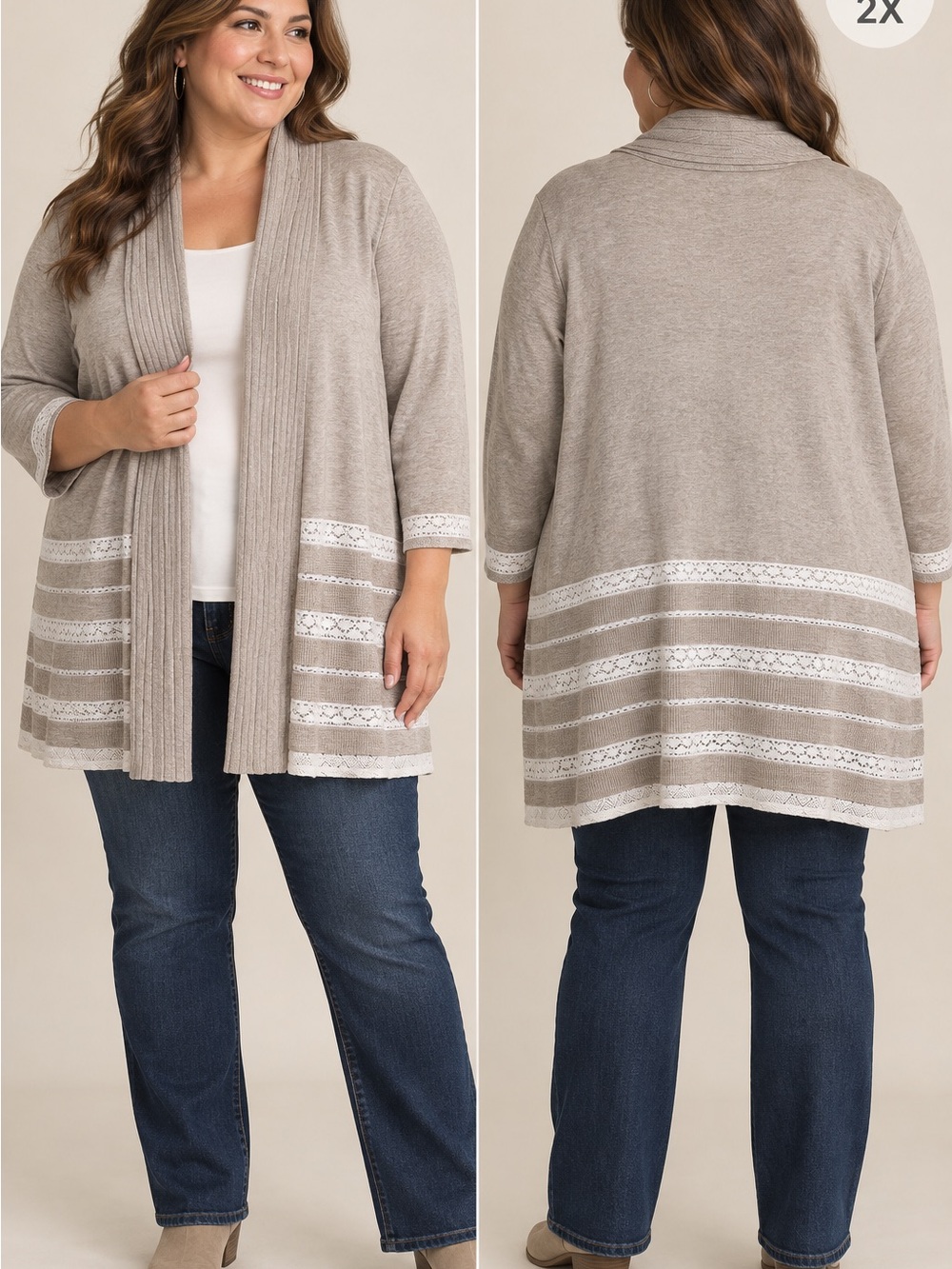CJ Banks Beige Open-Front Ribbed Front Cardigan with Lacey Detail Sz 2X